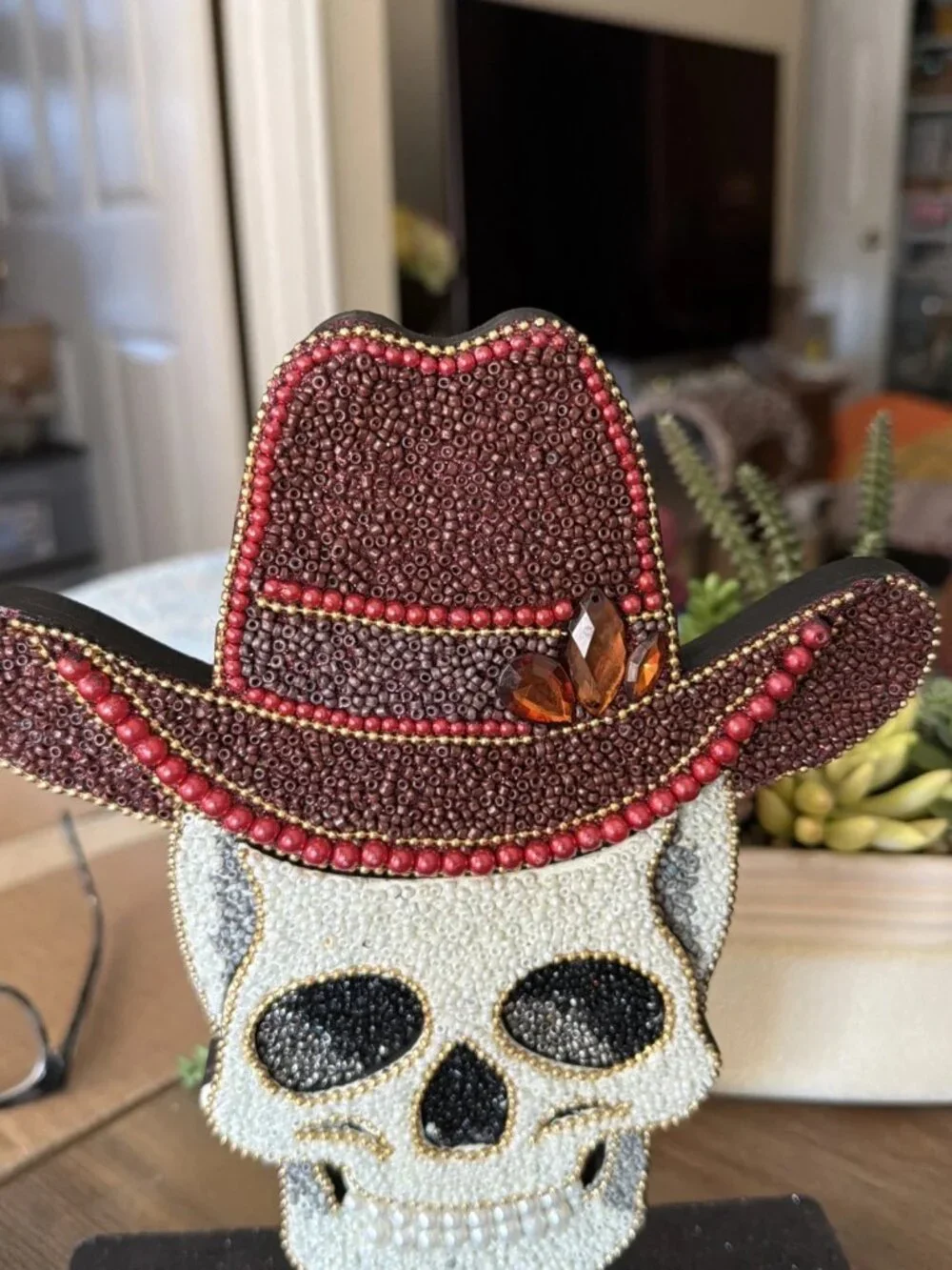 Embellished Beaded Skull Wearing A Cowboy Hat - Tabletop Figurine - India
